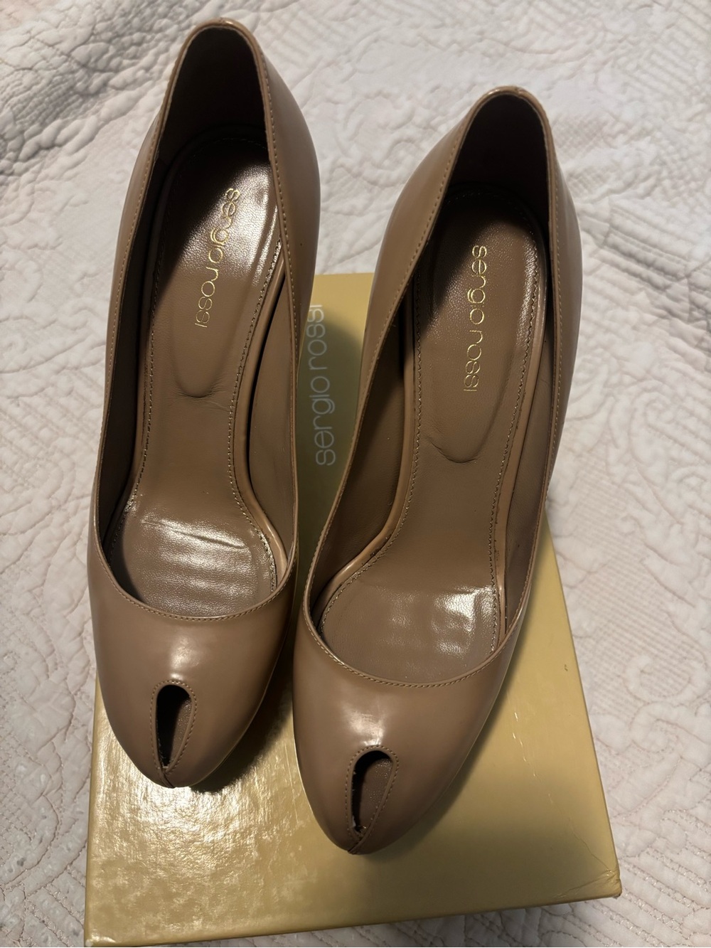 Sergio Rossi Taupe Leather Peep-Toe Pumps